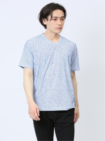 メッシュ 転写プリントフェイクVネック半袖Tシャツ