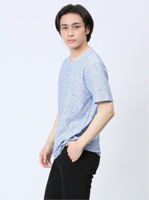 メッシュ 転写プリントフェイクVネック半袖Tシャツ