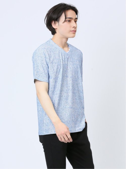 メッシュ 転写プリントフェイクVネック半袖Tシャツ