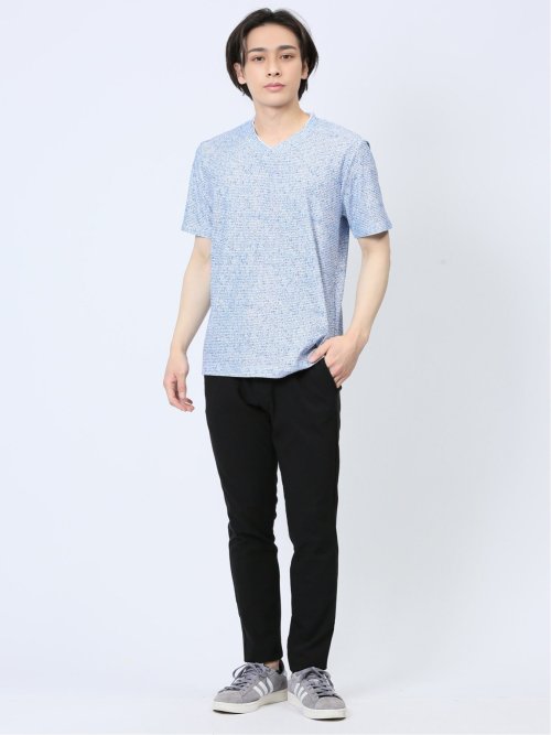 メッシュ 転写プリントフェイクVネック半袖Tシャツ