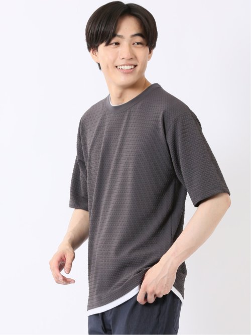 接触冷感 ストレッチ イージーケア ジャガード クルーネック 半袖 Tシャツ