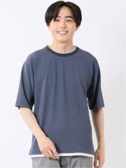 ストレッチ 接触冷感 イージーケア ジャガード レイヤード風 クルーネック 半袖 Tシャツ メンズ