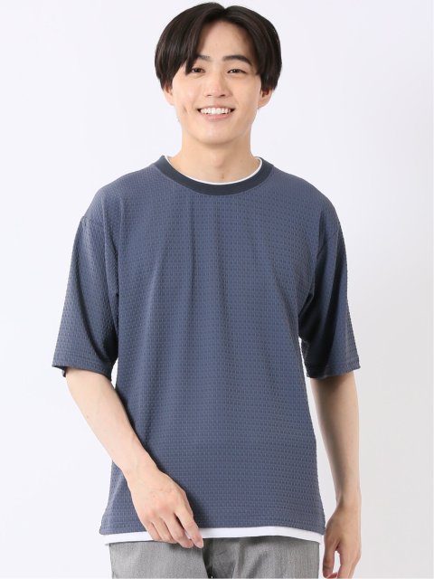 ストレッチ 接触冷感 イージーケア ジャガード レイヤード風 クルーネック 半袖 Tシャツ メンズ