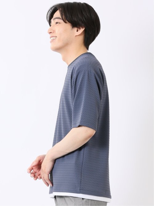 ストレッチ 接触冷感 イージーケア ジャガード レイヤード風 クルーネック 半袖 Tシャツ メンズ