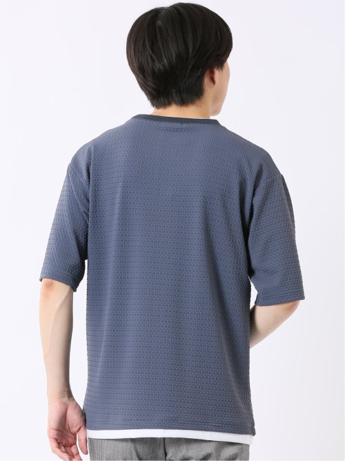 ストレッチ 接触冷感 イージーケア ジャガード レイヤード風 クルーネック 半袖 Tシャツ メンズ