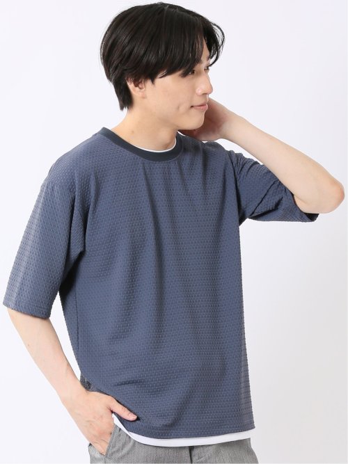 ストレッチ 接触冷感 イージーケア ジャガード レイヤード風 クルーネック 半袖 Tシャツ メンズ