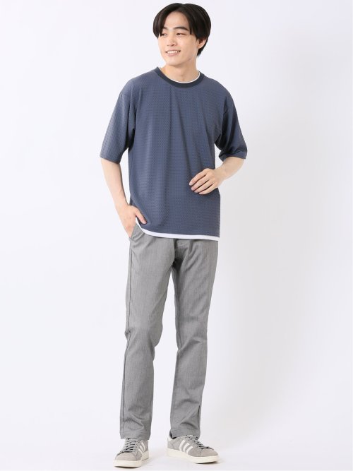 ストレッチ 接触冷感 イージーケア ジャガード レイヤード風 クルーネック 半袖 Tシャツ メンズ