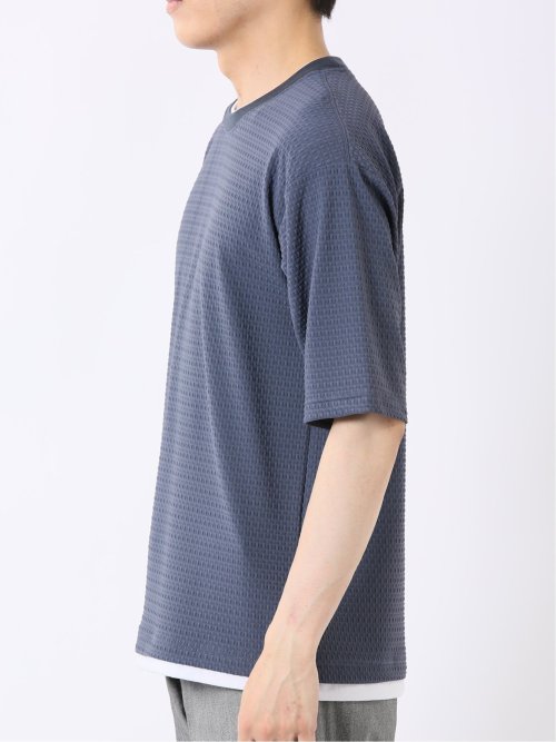 ストレッチ 接触冷感 イージーケア ジャガード レイヤード風 クルーネック 半袖 Tシャツ メンズ