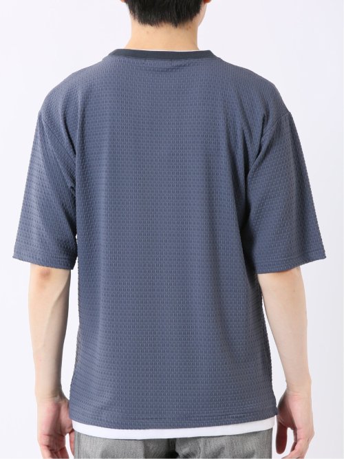 ストレッチ 接触冷感 イージーケア ジャガード レイヤード風 クルーネック 半袖 Tシャツ メンズ