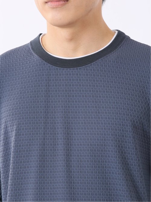 ストレッチ 接触冷感 イージーケア ジャガード レイヤード風 クルーネック 半袖 Tシャツ メンズ