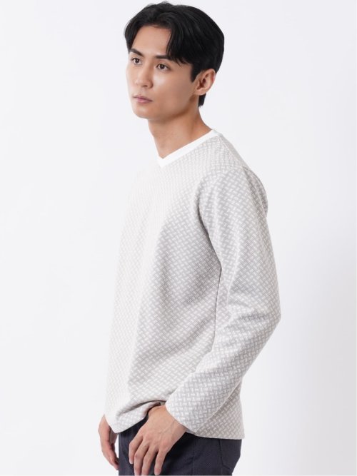 Tシャツ メンズ 長袖 Vネック バイアス ジャガード