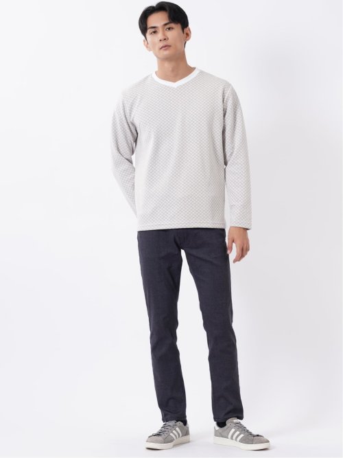 Tシャツ メンズ 長袖 Vネック バイアス ジャガード