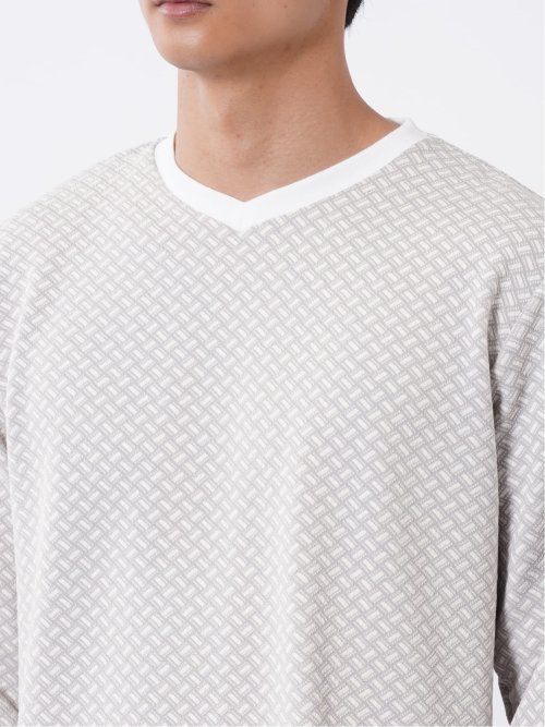 Tシャツ メンズ 長袖 Vネック バイアス ジャガード