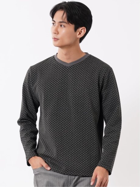 Tシャツ メンズ 長袖 Vネック バイアス ジャガード