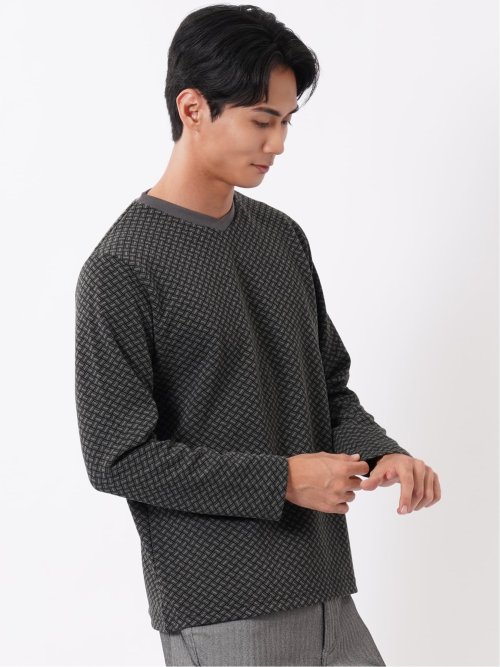 Tシャツ メンズ 長袖 Vネック バイアス ジャガード