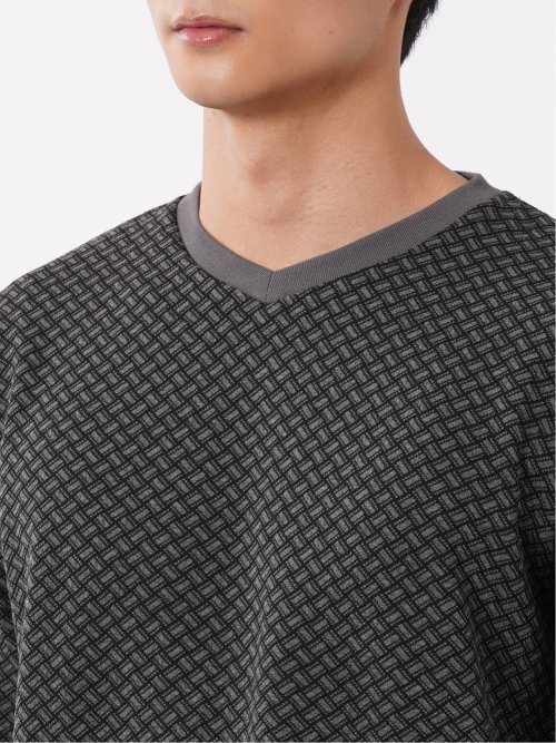 Tシャツ メンズ 長袖 Vネック バイアス ジャガード