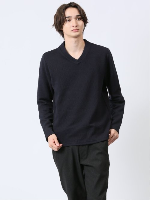 ジオメトリックジャガード Vネック長袖Tシャツ