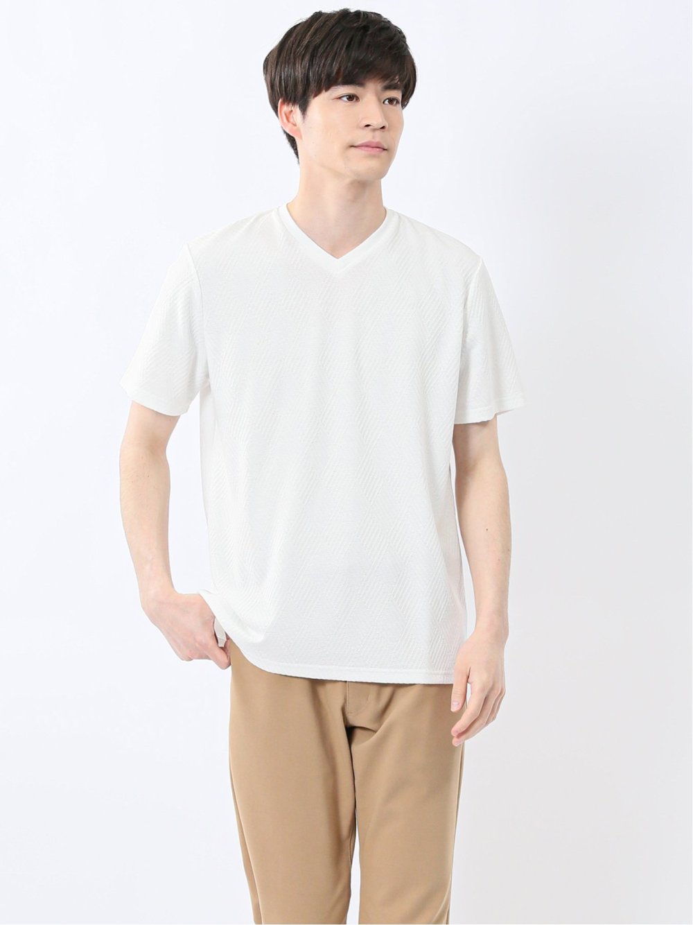 リンクスダイヤ柄ジャガード Vネック半袖Tシャツ