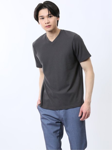 リンクスダイヤ柄ジャガード Vネック半袖Tシャツ