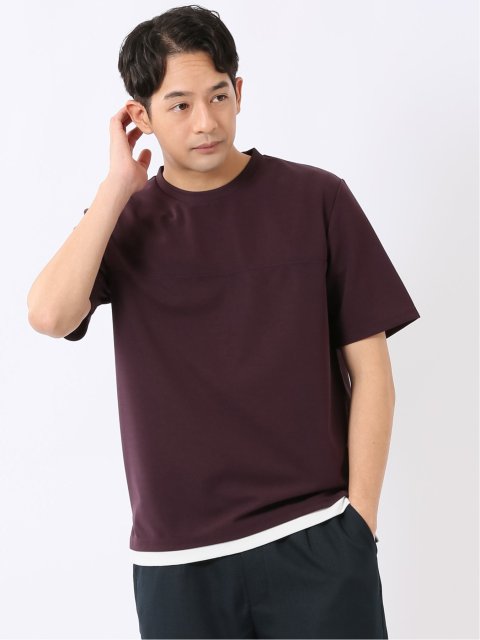 梨地 レイヤード風 クルーネック 半袖 Tシャツ メンズ