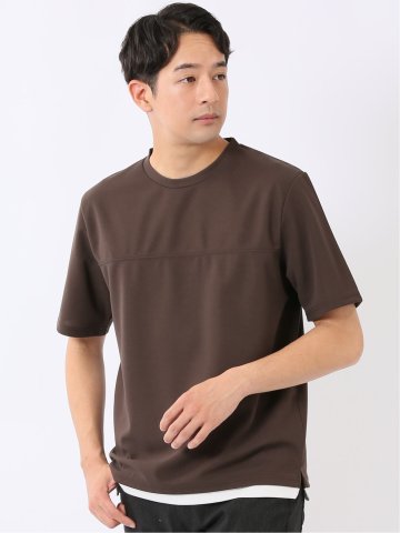 梨地 レイヤード風 クルーネック 半袖 Tシャツ メンズ