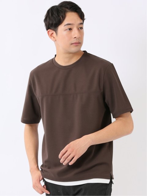 梨地 レイヤード風 クルーネック 半袖 Tシャツ メンズ