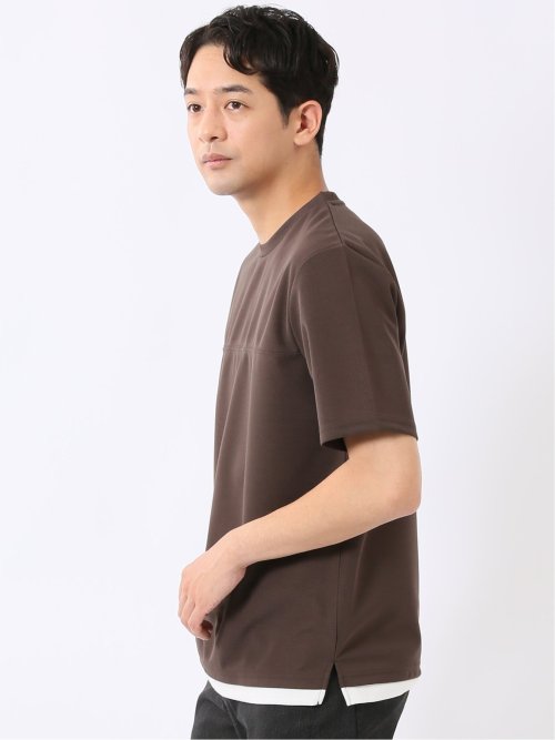 梨地 レイヤード風 クルーネック 半袖 Tシャツ メンズ