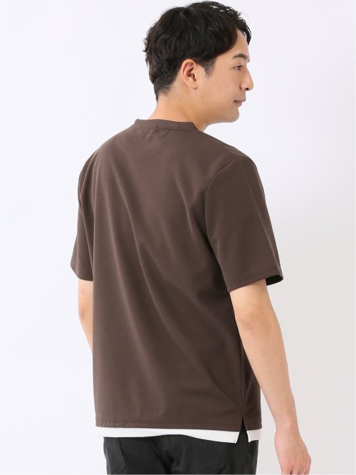 梨地 レイヤード風 クルーネック 半袖 Tシャツ メンズ