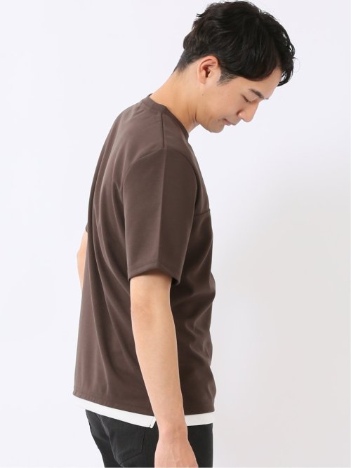 梨地 レイヤード風 クルーネック 半袖 Tシャツ メンズ