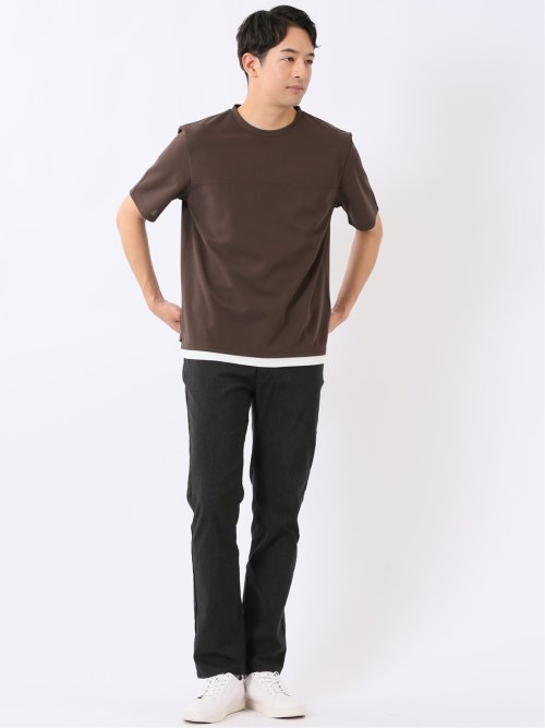 梨地 レイヤード風 クルーネック 半袖 Tシャツ メンズ