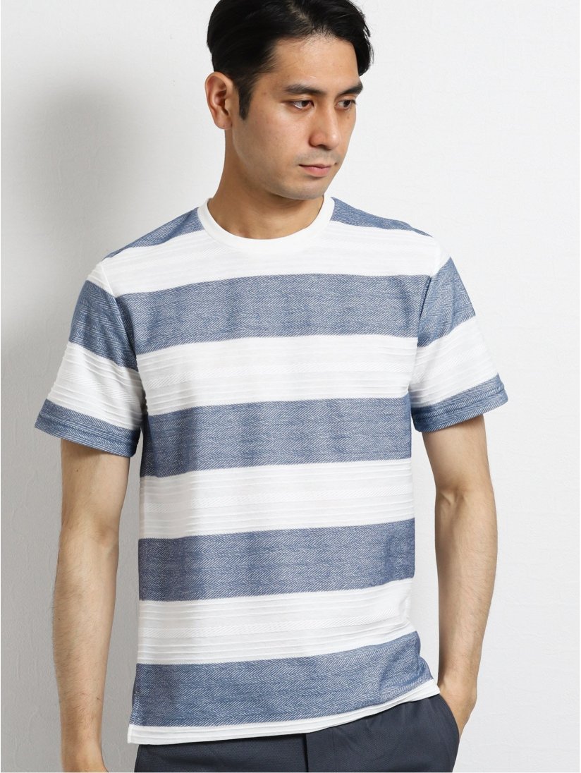 ナノファイン Nanofine ヘリンボンボーダー クルーネック半袖tシャツ M 70青 トップス Taka Q Online Shop タカキューオンラインショップ 公式通販