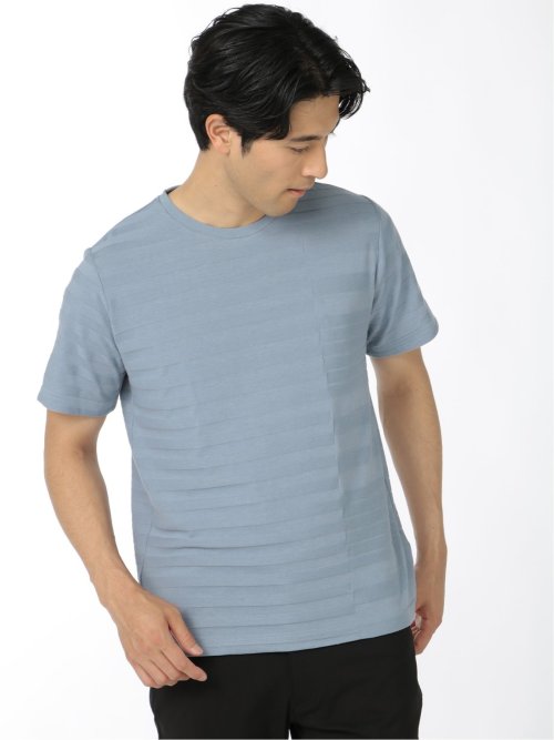 ★半袖 クルーネック プリーツ トップス Tシャツ ランダムボーダー クルーネック半袖Tシャツ(M 72スカイブルー