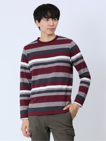 ジャガード 千鳥ボーダー クルーネック長袖Tシャツ