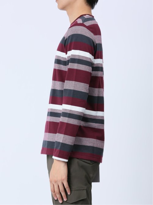 ジャガード 千鳥ボーダー クルーネック長袖Tシャツ