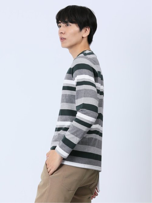 ジャガード 千鳥ボーダー クルーネック長袖Tシャツ