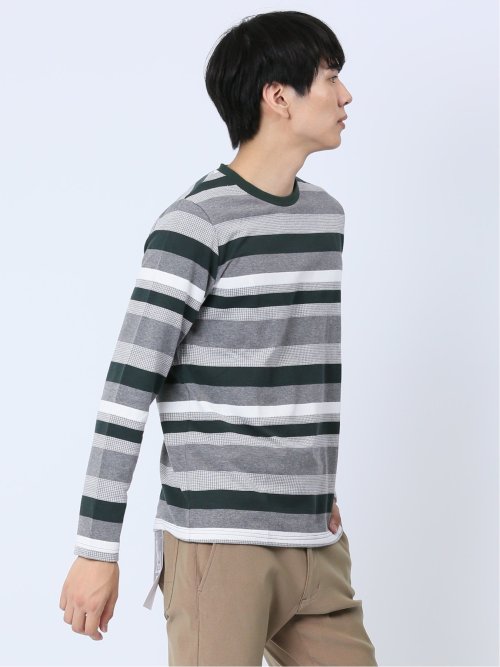 ジャガード 千鳥ボーダー クルーネック長袖Tシャツ