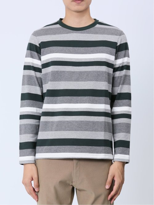 ジャガード 千鳥ボーダー クルーネック長袖Tシャツ