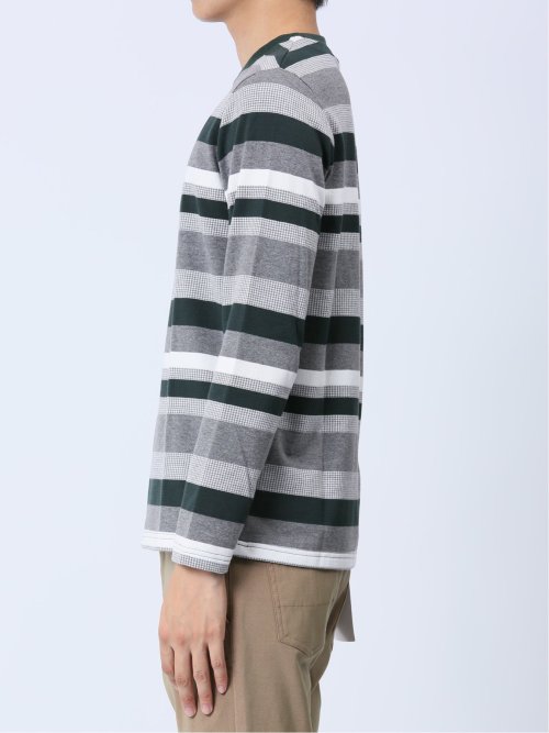 ジャガード 千鳥ボーダー クルーネック長袖Tシャツ