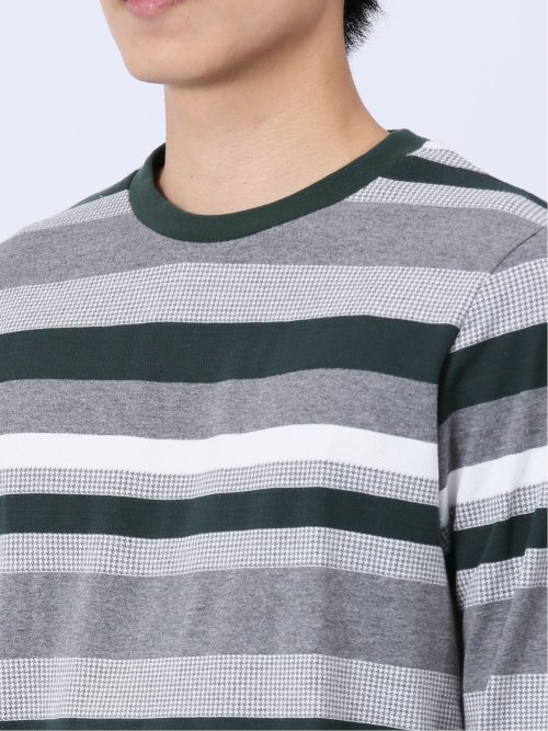 ジャガード 千鳥ボーダー クルーネック長袖Tシャツ