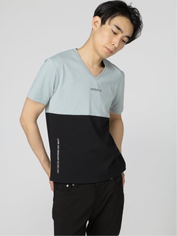 バイカラー切替 Vネック半袖Tシャツ