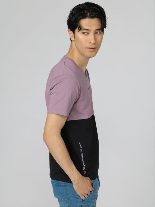 バイカラー切替 Vネック半袖Tシャツ