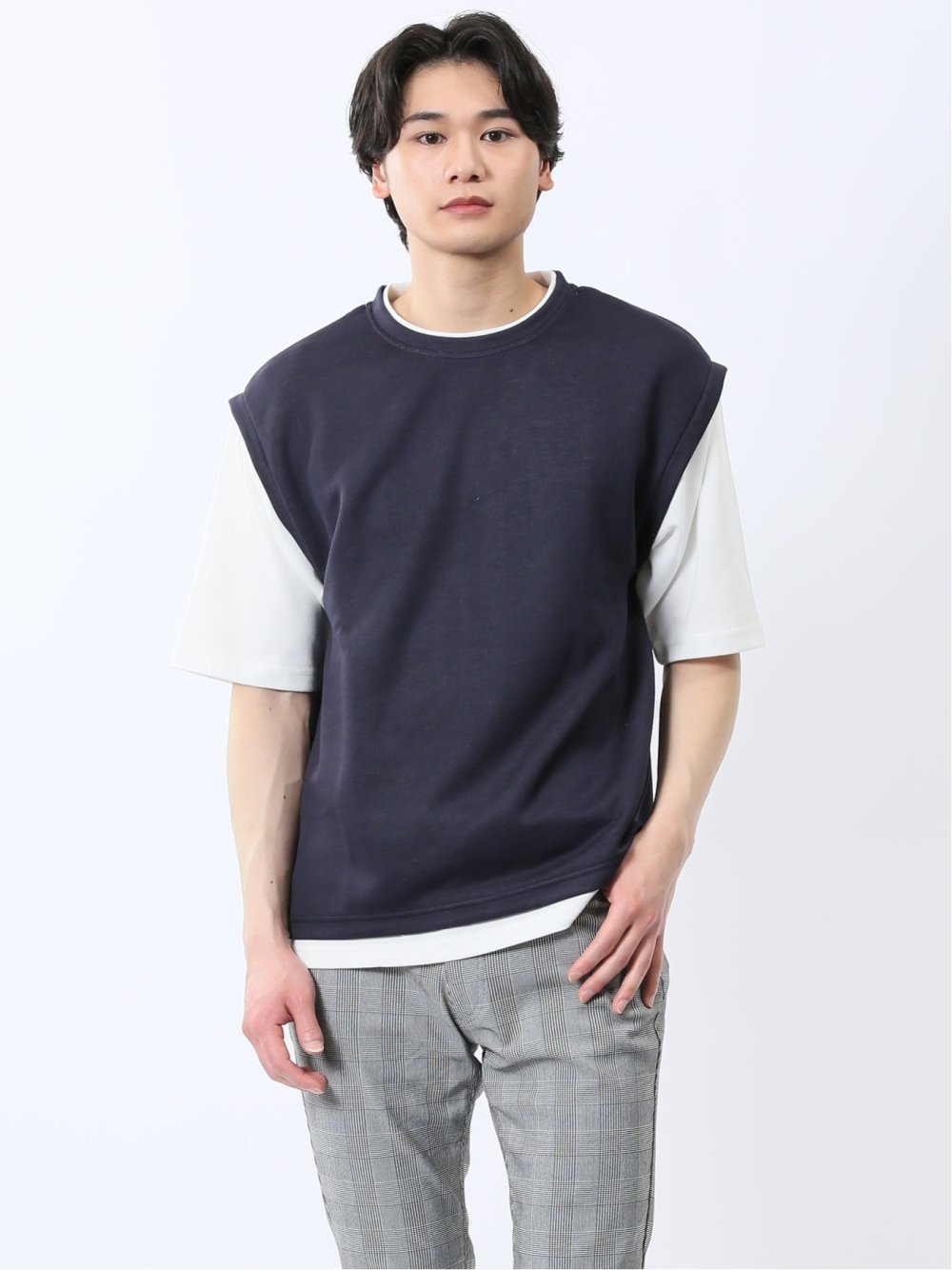 ベストレイヤード風 クルーネック半袖Tシャツ