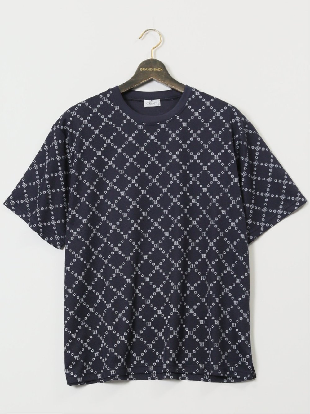 【大きいサイズ】クリアリー/CREALY 吸汗速乾 総柄 クルーネック半袖Tシャツ