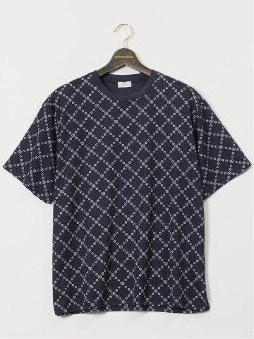 【大きいサイズ】クリアリー/CREALY 吸汗速乾 総柄 クルーネック半袖Tシャツ