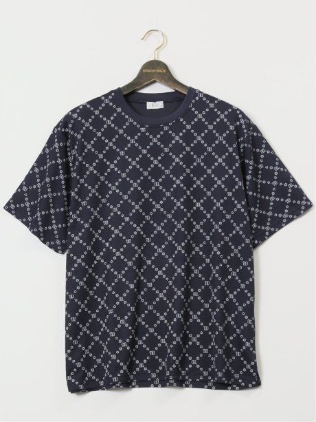 【大きいサイズ】クリアリー/CREALY 吸汗速乾 総柄 クルーネック半袖Tシャツ