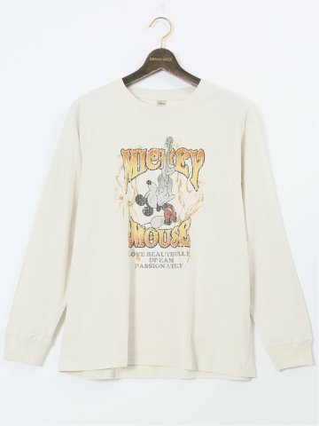【大きいサイズ】ミッキーマウス ピグメント風プリント クルーネック長袖Ｔシャツ
