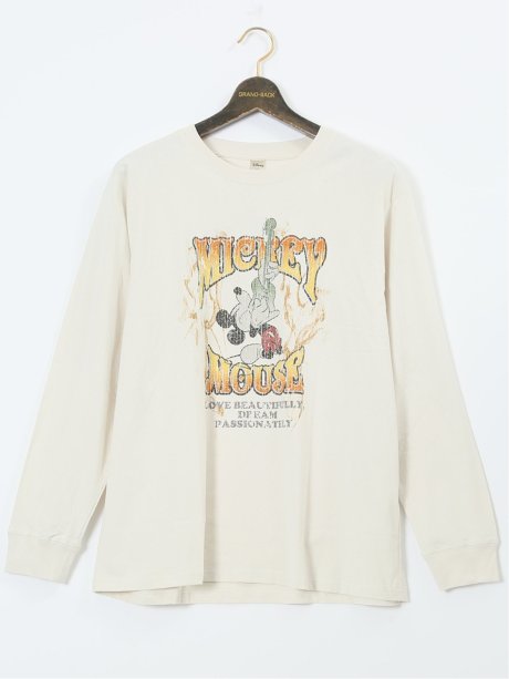 【大きいサイズ】ミッキーマウス ピグメント風プリント クルーネック長袖Ｔシャツ