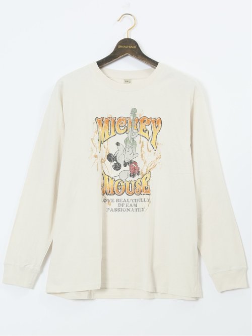 【大きいサイズ】ミッキーマウス ピグメント風プリント クルーネック長袖Ｔシャツ