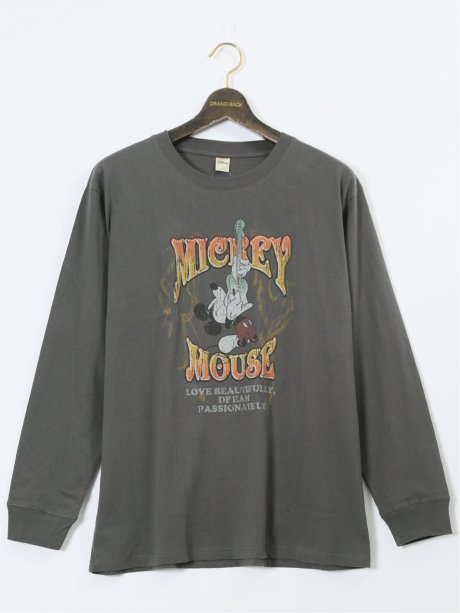 【大きいサイズ】ミッキーマウス ピグメント風プリント クルーネック長袖Ｔシャツ