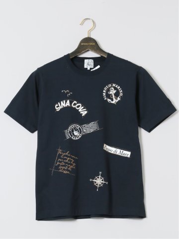 【大きいサイズ】シナコバ/SINA COVA 綿天竺 マリン クルーネック半袖Tシャツ